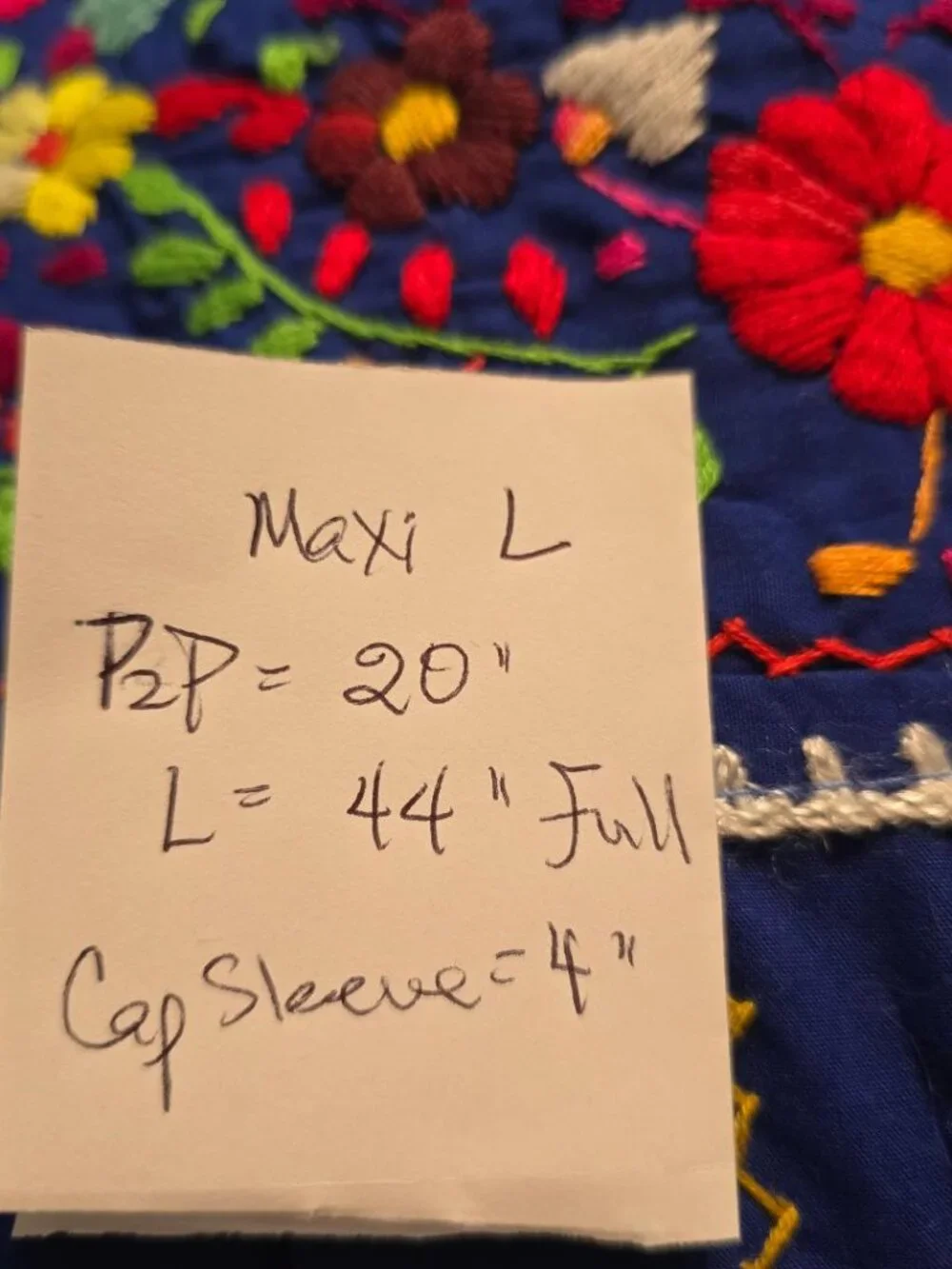 L Traditional Mexican Multi Floral Embroidery Dress in Cobalt Blue Cap Sleeve